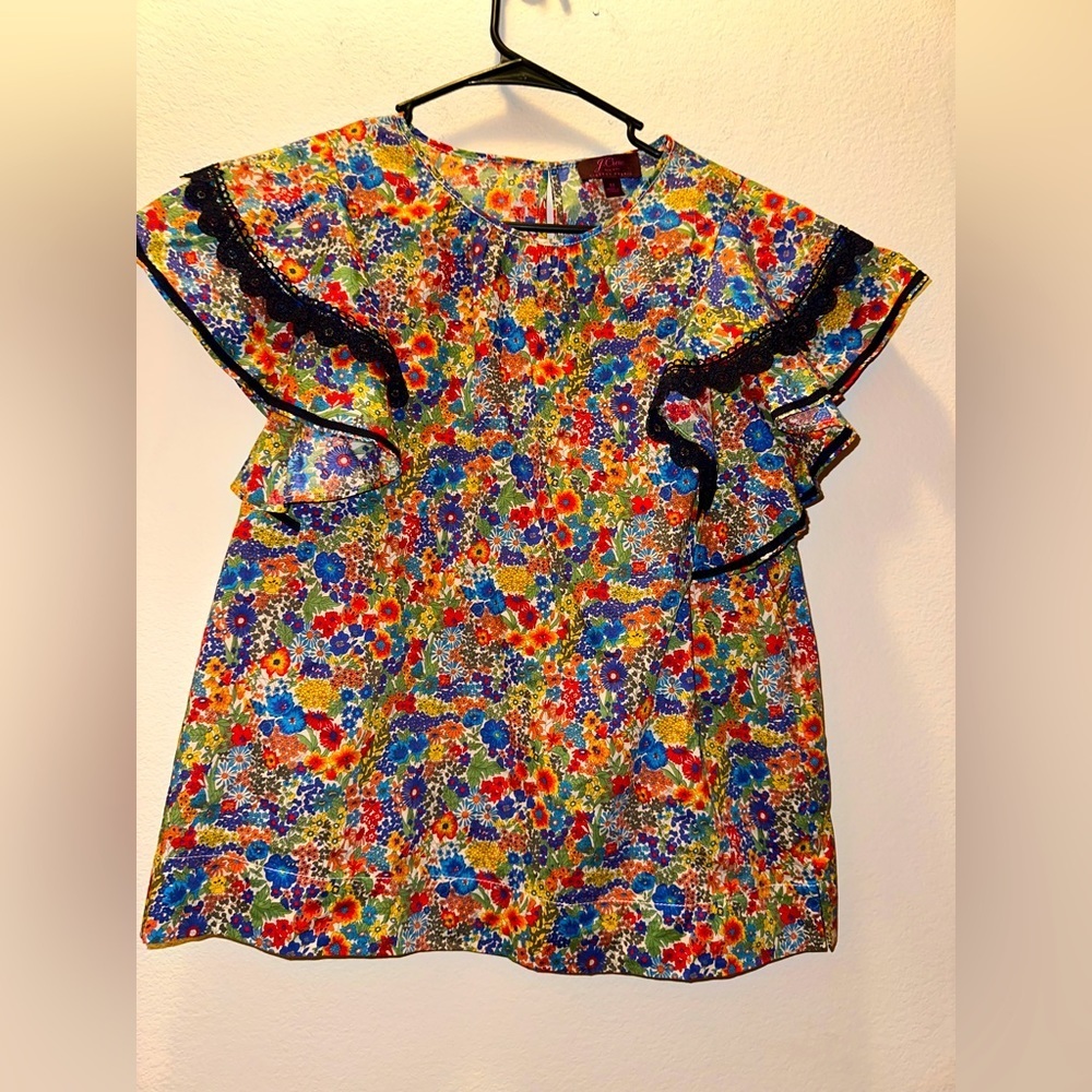 J. Crew liberty fabric multicolor floral ruffle sleeve cotton blouse M